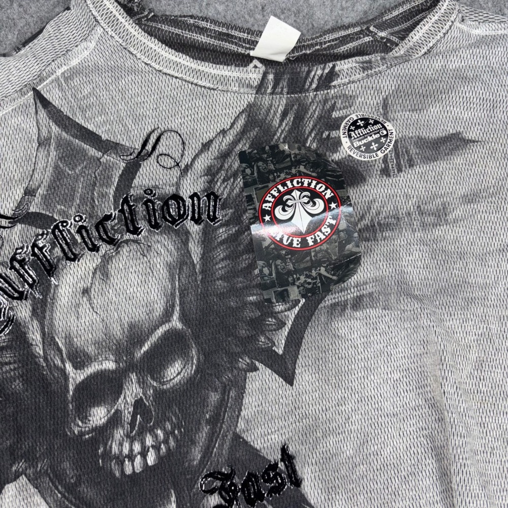 Affliction Terminus Thermal Shirt Mens XXL Grey Skull Reversible Long Sleeve Top